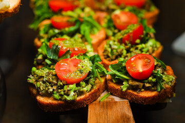 Catering service. Table with snacks food at event.