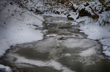 Ice-free little river in winter. Stream of river water. The snow cover. Winter abstract background.