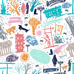 Seamless vector colorful pattern lined sketch of abstract city street in bright pastel tones on white background. The design is perfect for textiles, backgrounds, wrapping paper, decorations