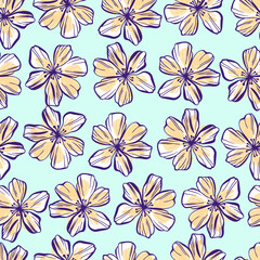 Vector seamless colorful design pattern botanical cute flowers in pastel tones on light turquoise background. Cute circle frame on a white background. Perfect for textiles, wrapping paper, wallpaper