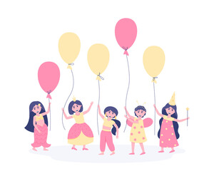 Girls with balloons in carnival costumes on their birthday. To participate in the holiday, the girlfriends changed into the costumes of the heroes. Postcard in pink. Flat vector illustration.