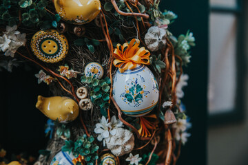 Beautiful wreath decoration for Easter with spring flowers and colorful eggs. 