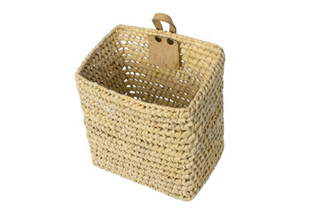 Deep rectangular wicker basket with a leather loop for hanging on the wall. Isolated on a white background.