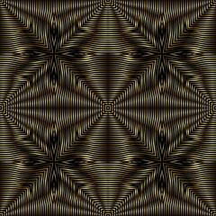 Gold 3d lines seamless pattern. Textured background. Line art surface drapery ornament. Repeat luxury backdrop. Modern grunge vector design. Abstract shapes, rhombus, stripes. Endless 3d texture