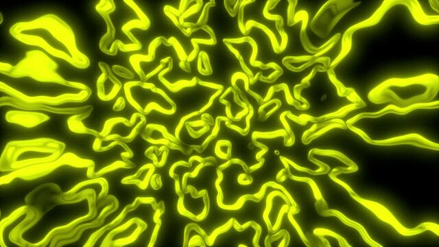 Wavy lines of worms bend in curved 3D render space. Mixed luminous linear chromosomes under magnification of electron microscope. Swirling spiral processes rushing into void.