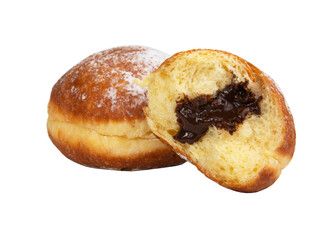 Bright tasty berliner donut ball with chocolate cream filling isolated on the white background