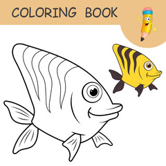 Coloring book with funny yellow Fish. Colorless and color samples coral fish on coloring page for kids. Coloring design in cute cartoon style. Black contour silhouette with a sample for coloring.