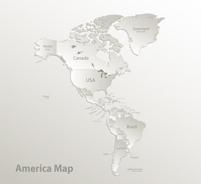 America map, individual states and islands with names, card paper 3D natural vector