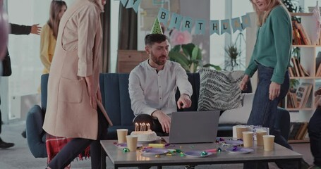 Happy big caucasian family of parents and kids gathering on weekend, video calling conference with best friends, and celebrating birthday party with cake.