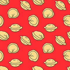  Seamless pattern with dumplings on red background. Pelmeni/pierogi wallpaper. Traditional russian cuisine dish.