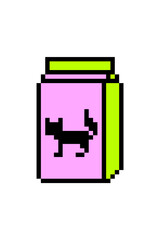 Dry cat food in a pink and green bag with a cat silhouette, pixel art icon isolated on white background. 8 bit kitty litter package. Old school vintage retro 80s-90s video game graphics.