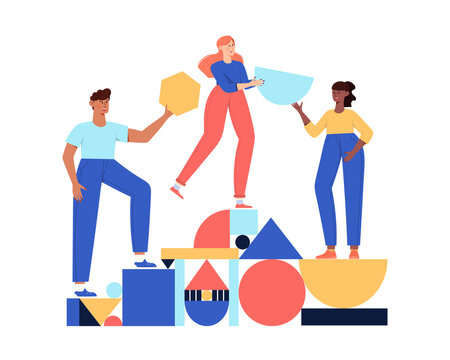 Teamwork, Coworking, Business Partnership Concept Flat Illustration. Characters With Abstract Geometrical Shapes. Diverse People Working Together. Men And Women Organize Abstract Geometric Figures