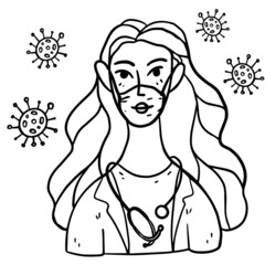 A girl doctor in a mask with the covid-19 virus. Stay home. Take care of yourself. Black and white outline drawing, coloring book