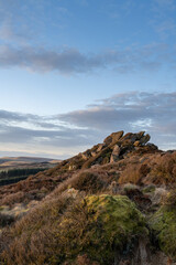 Winter sunset panoramic view of Baldstone, and Gib Torr in the Peak District National Park.