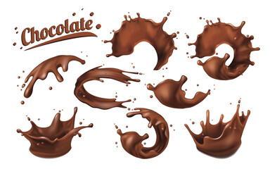 Set of splashes of chocolate. spots 3D.Abstract realistic chocolate drop with splashes isolated on white background.element for advertising, package design. vector