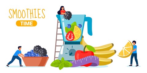 Smoothie time Making healthy drink Blender for vegetables Preparation of natural organic juices and smoothies from blackberry blueberry orange banana apple strawberry green herbs Cartoon Flat Vector I