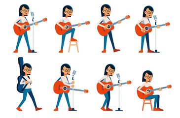 Fototapeta na wymiar Woman guitarist singing in various poses. Girl Musician with acoustic guitar. Vector flat character.
