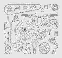 Isolated bicycle's parts. Vector linear elements