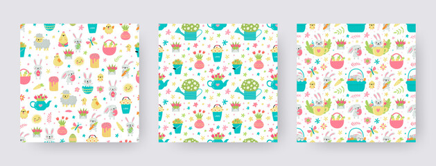 Set of vector seamless pattern for Easter with rabbits and eggs and spring designs.