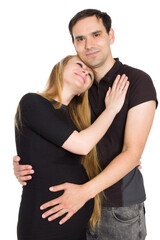 Photo of pregnant blonde and a man standing on a white isolated background