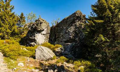Giant rocks next to mountain trail in Jizera mountains