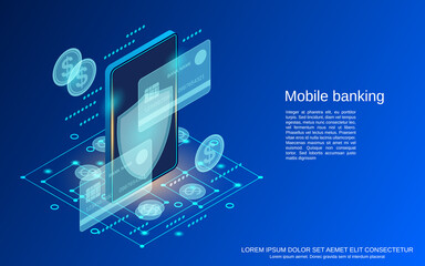 Mobile banking, money transfer, financial transaction flat 3d isometric vector concept illustration