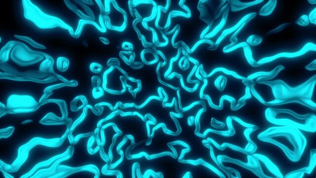 Wavy lines of worms bend in curved 3D render space. Mixed luminous linear chromosomes under magnification of electron microscope. Swirling spiral processes rushing into void.