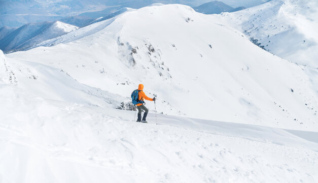  High mountaineer dressed bright orange softshell jacket using a trekking poles descending the snowy mountain summit. Active people concept image on Velky Krivan, SLovakian Tatry.