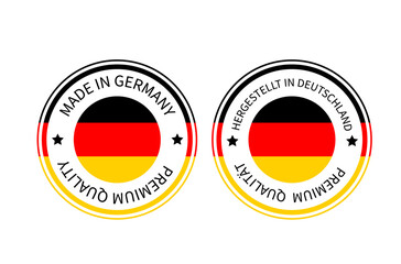 Obraz premium Made in Germany round labels in English and in German languages . Quality mark vector icon. Perfect for logo design, tags, badges, stickers, emblem, product package, etc