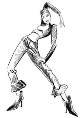 Fototapeta na wymiar Hand-drawn fashion illustration of imaginary posing grotesque model in a theater costume, in high heels boots. Black and white line drawing. Color book page. Fashion card