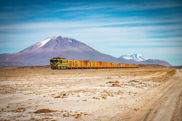 volcano, train in bolivia, altiplano, uyuni