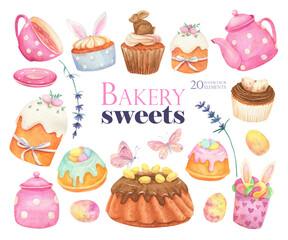 Sweet easter desserts set. Egg cupcake drawing. Tea time set