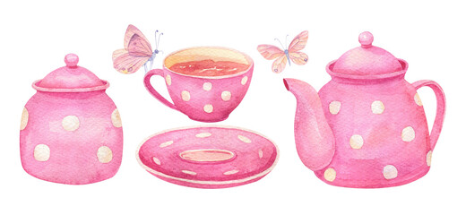 Watercolor pink tea set. Polka dot teapot, cup, sugar bowl © inna72