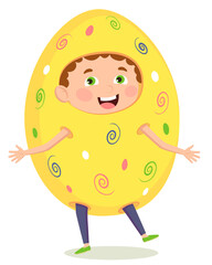 Boy dressed as eggs for the spring holiday Easter.
Vector illustration in a flat style.
Suitable for web design, children's books, children's parties.