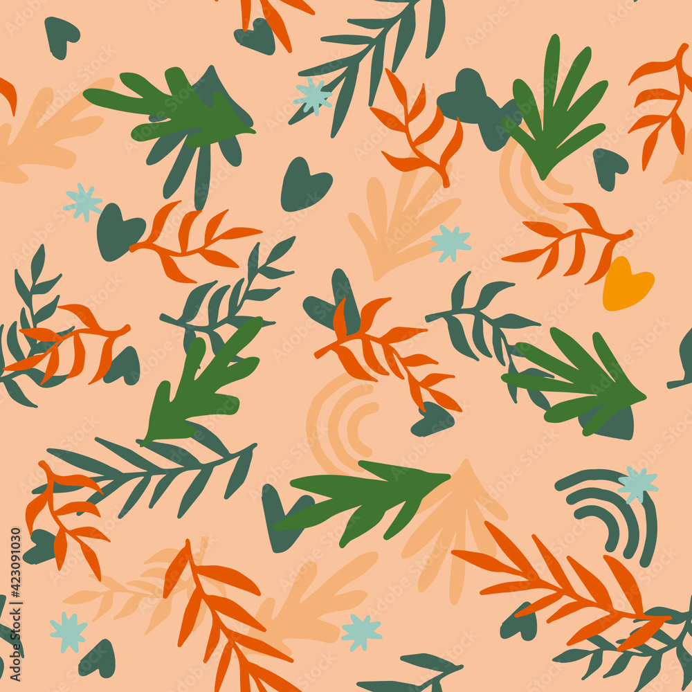 Aufkleber Beautiful Mid- Century Boho style Pattern with Palm Branches. Repeating Vector Design in warm color palette.