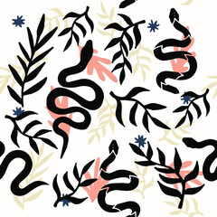 A magical spiritual boho-chick pattern with hand-painted snakes and palm leaves.