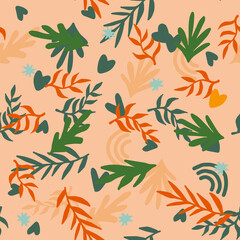 Beautiful Mid- Century Boho style Pattern with Palm Branches. Repeating Vector Design in warm color palette.