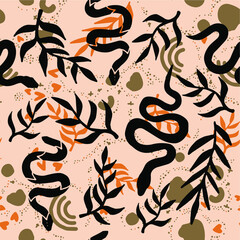 A magical spiritual boho-chick pattern with hand-painted snakes and palm leaves.