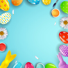 Easter poster template with 3d realistic eggs, paint. Template for advertising, poster, flyer, greeting card. Vector Illustration