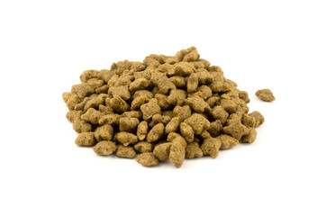 Heap of dry food for cats and dogs on a white background, isolate