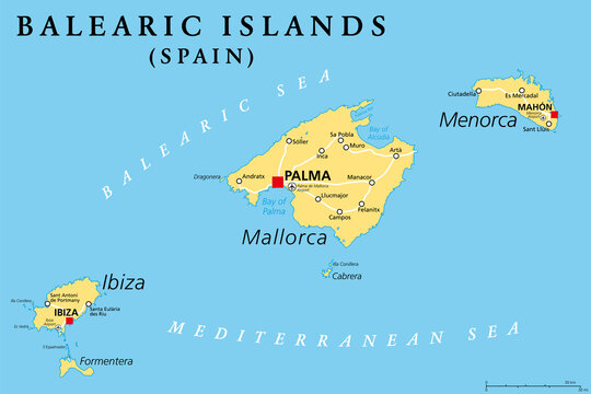 Balearic Islands, political map, with main islands Mallorca, Ibiza, Menorca and Formentera. Archipelago of islands in Spain in the Mediterranean Sea, near the Iberian Peninsula. Illustration. Vector.