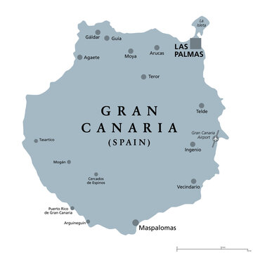Gran Canaria gray political map with capital Las Palmas and important towns. Grand Canary Island, part of Spain, second most populous Island of Canary Islands, off the Atlantic coast of Africa. Vector