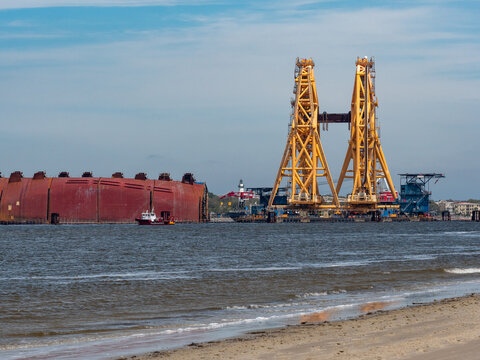 St Simons Island, GA USA - March 23 2021: Disassembly of Golden Ray cargo ship in the St. Simons Sound. 