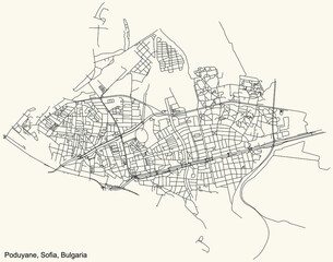 Black simple detailed street roads map on vintage beige background of the quarter Poduyane district of Sofia, Bulgaria