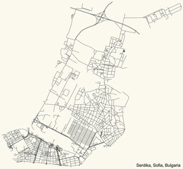 Black simple detailed street roads map on vintage beige background of the quarter Serdika district of Sofia, Bulgaria
