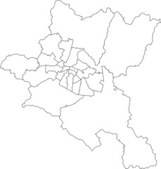 Simple white vector map with black borders of districts of Sofia, Bulgaria
