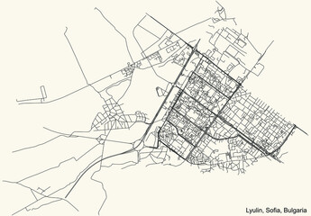 Black simple detailed street roads map on vintage beige background of the quarter Lyulin district of Sofia, Bulgaria