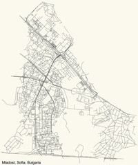 Black simple detailed street roads map on vintage beige background of the quarter Mladost district of Sofia, Bulgaria