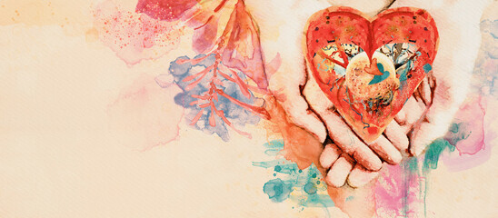 Heart in hand. Conceptual watercolor banner. - obrazy, fototapety, plakaty