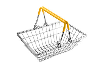 Metal shopping basket, with yellow handles, on a white background